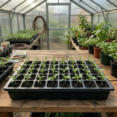 5-Set Seed Starter Tray Kits With Humidity Vented Domes And Bases For Durable Germination Trays in greenhouse environment