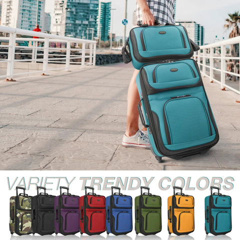 U.S. Traveler Rio lightweight softside rolling carry-on luggage, teal, 2-wheel set, front view.