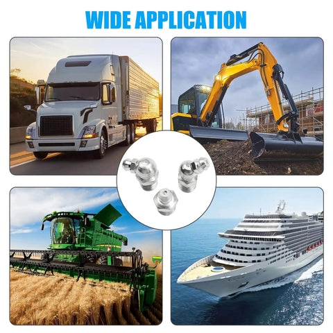 220 Piece Grease Fitting Kit For Metric And SAE Zerk Fittings showing wide application in various machinery and transportation.