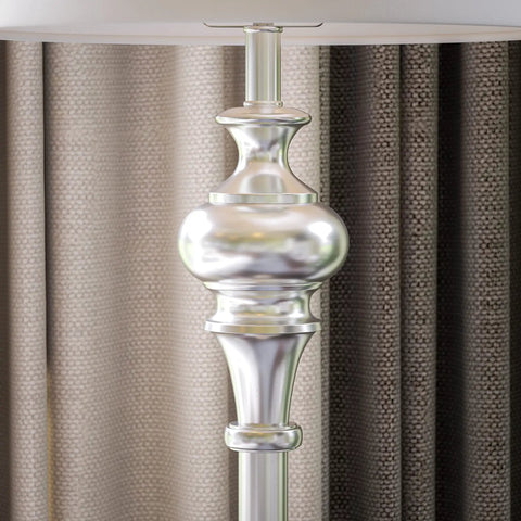 Tall Brushed Steel Floor Lamp With Classic Style, close-up of brushed steel base and textured backdrop, 59 Inch Height.
