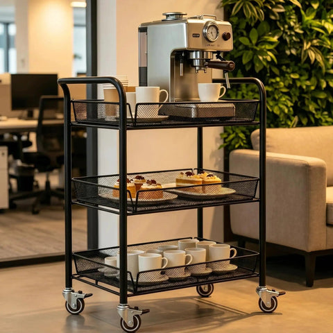 Slick Heavy Duty 2 Inch Caster Wheels Set Of 4 With Locking Expanding Stem And Quiet TPR Rubber Casters Featuring Smooth Swivel Brakes For Furniture Moving That Roll Tight And Easy on a coffee cart with cups and pastries.