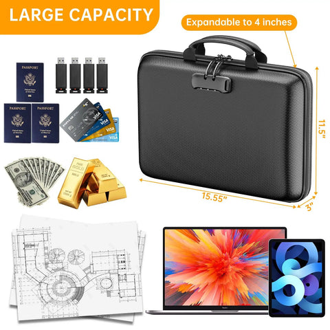 Rugged Hard Shell Fireproof File Organizer With Lock 13 Pocket Accordion Folder, black, for documents and laptop, expandable.