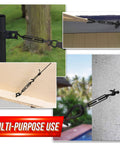 Collage showing 2 Pack M8 Stainless Steel Hook And Turnbuckle Set For Wire Rope Tension Black Coated Shade Sail Hardware in use outdoors