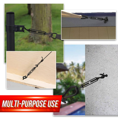 Collage showing 2 Pack M8 Stainless Steel Hook And Turnbuckle Set For Wire Rope Tension Black Coated Shade Sail Hardware in use outdoors