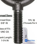Close-up of thread specifications on 10 Pack Industrial Grade No-Shoulder Lifting Eye Bolts 3/8-16 By 1-1/4 Inch, Vertical Pull Only.