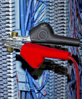 Close-up of Contractor Telephone Test Kit With Hi-Z Monitoring That Wont Disrupt Net Angled Bed-Of-Nails Clips in use on wiring panel