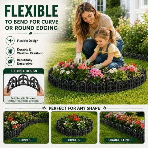 Flexible Black Garden Border Edging Kit With PP Plastic Metal Free Wrought Iron Look forming curves around flower bed