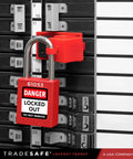 OSHA Compliant Electrical Lockout Tagout Kit with a red lock securing a breaker panel.