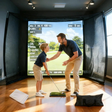 Father coaching son in front of 10x8 Ft Golf Practice Net With Impact Screen And Mat Beefy Steel Frame for indoor golf training.