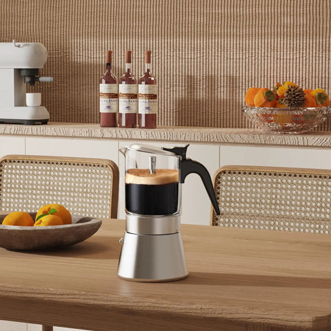 Induction Friendly Moka Pot With Crystal Glass Top And Stainless Steel Stovetop Espresso Maker Pro Level Brew Classic Italian Coffee Brewer 160ml Transparent Glass Body For Easy Brew Control Durable And Easy To Clean on kitchen table