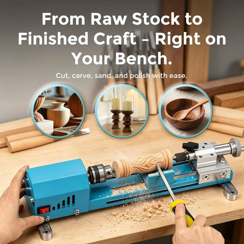 Bonvoisin Mini Lathe Machine With 7-Speed Benchtop Wood Turning Capabilities For Diy Projects and Precision Craftsmanship seen in use.