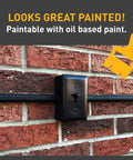 Legrand Wiremold metal raceway with inside elbow installed on brick wall; black finish, wall-mounted box.