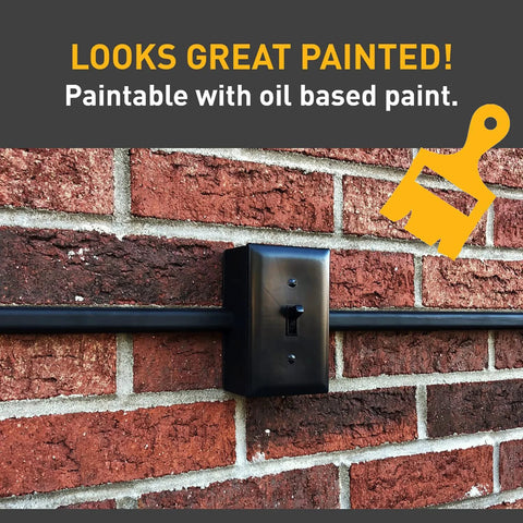 Legrand Wiremold metal raceway with inside elbow installed on brick wall; black finish, wall-mounted box.