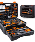 Go-To 368-Piece Home Repair Tool Kit With Drawer Toolbox Set Built Tough For Home Office Garage And DIY Projects Includes Hammer Pliers Screwdrivers Wrench Tape Measure And More with organized tools in a black hard case.