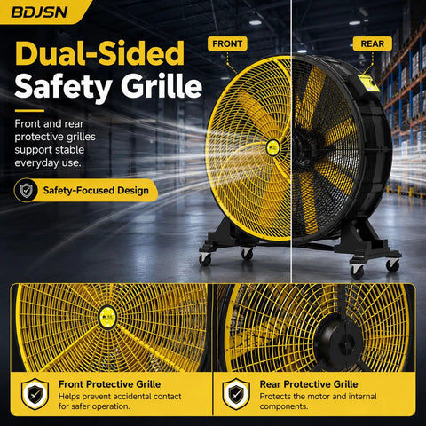 30 Inch Industrial Floor Drum Fan Heavy Duty High Airflow Cooling with dual-sided safety grille and easy roll caster wheels.