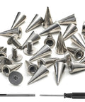 100 Pack Hella Tough Zinc Alloy Spike Rivets Badass Punk Metal Studs With Heavy Duty Iron Screw Back For Leather Jackets Clothing Shoes Belts Bags Hats Silver 12mm features silver metal spikes and screws laid out on a white surface.