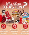Illustration featuring XFasten tape products and scissors with text highlighting customer service, family business, and product range.