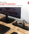 Surge Protector Power Strip With Six Outlets Eight Foot Extension Cord 1300 Joules Of Surge Protection Flat Plug shown on desk