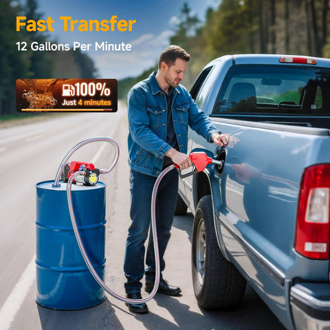 Man using Cordless Fuel Transfer Pump Kit With 12 GPM Electric Flow 21V 4.0Ah Battery And Charger Portable Easy Peasy Diesel Kerosene Transfer Pump With Auto Off Nozzle And Dual 6.6Ft Hoses For Tractors And Farm Equipment to refuel truck from blue barrel