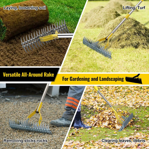 2 In 1 Thatch Rake And Leaf Rake Stainless Steel Lawn Dethatcher With 19 Tines And 15 Inch Wide Head used for various yard tasks