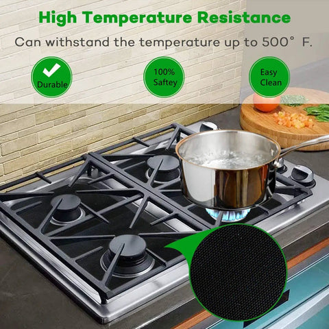 Stovetop with pot highlights Reusable Gas Stove Burner Covers Ten Pack Nonstick Stovetop Liners And Gas Range Protectors, cuttable 10.6x10.6 inches, heat resistant and durable.