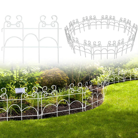 Decorative Garden Fence Border Panel Set 10 Pack With Easy Install No Dig Movable Metal Edging For Flower Beds And Lawns 13 Inch High By 17 Inch Wide 14 Ft Of Outdoor Weather Resistant Yard Borders displayed around a garden.