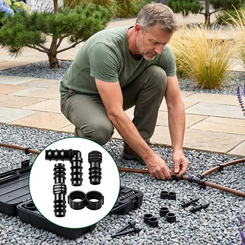 Person using All In One Drip Irrigation Fittings Kit For Half Inch Tubing With Twenty Barbed Connectors Including Five Couplings Five Elbows Five End Caps And Five Plugs For Easy Quick Connect Drip System Repairs And Expansions in garden.