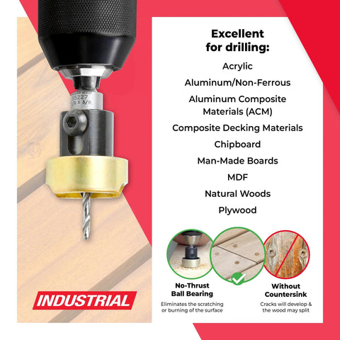 Front view Amana Tool carbide countersink set with adjustable depth stop and no-thrust bearing, 3/8 dia, 1/4 hex shank