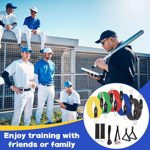 Pro Grade Baseball Resistance Bands Set With Interchangeable Grips For Arm Strength And Pitching Training Game Ready Includes 5 Resistance Levels Door Anchor Handles Ankle Straps Baseball Strap Carry Bag And Training Manual displayed with baseball players and coach
