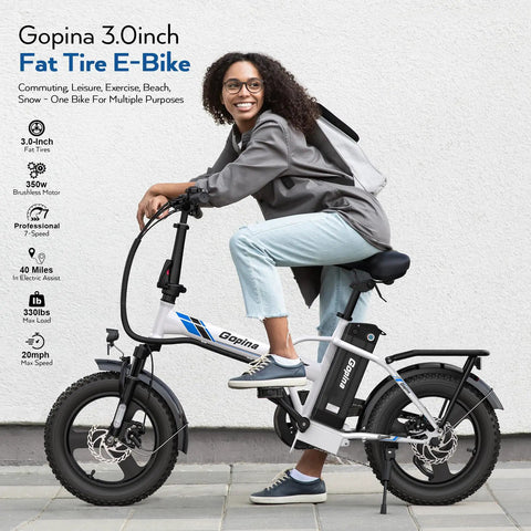 Peak 500W Step Through Fat Tire Electric Bike With 48V Removable Battery For Easy Recharges And Long Rides Up To 40 Miles 7 Speed LCD Display Sixteen Inch By Three Inch Fat Tire For City Cruisin And Trail Ridin, side view with rider