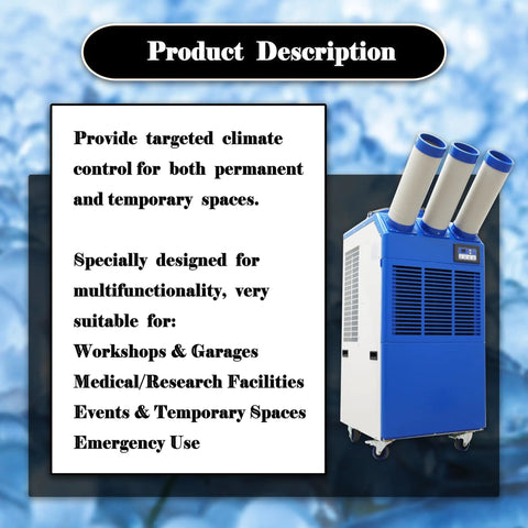 Heavy Duty Portable Air Conditioner 220V Industrial Cooling Unit 22178 Btu with triple flexible ducts for workshops and hospitals.