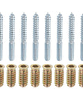 Solid M6 X60mm Hanger Bolts And Heavy Duty Self Tapping Wood Dowel Screws Coupled With Eight M6 Hex Inserts on a white background.