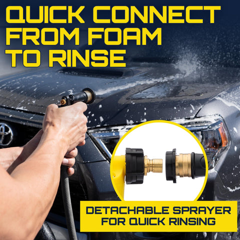 Car Wash Foam Gun And Foam Cannon For Garden Hose Scratch Free Suds Sprayer For Hassle Free Home Wash in use on car.