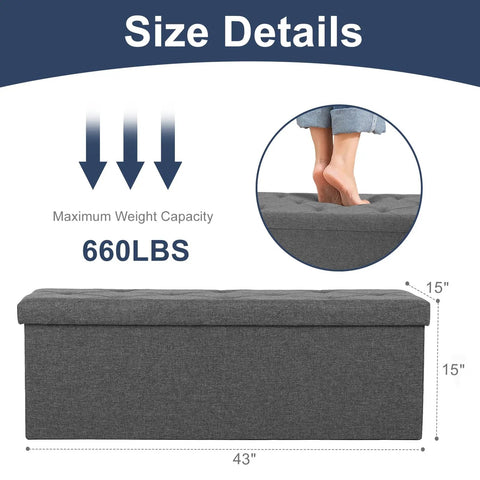 43 Inch Storage Ottoman Bench With Padded Gray Seat And Hidden Chest dimensions and 660 lb weight capacity details