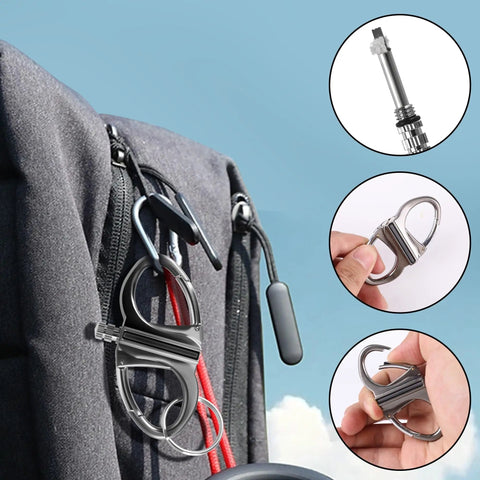 Infinity Lighter With Multitool Keychain Bottle Opener attached to backpack, showing features for outdoor survival.