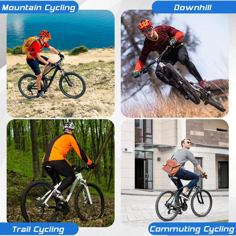 Cyclists showcasing mountain, downhill, trail, and commuting styles on 27.5 and 29 inch thru axle MTB wheelset disc brake AL6061 32H.
