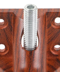 Close-up of beefy heavy duty adjustable table leveler with plastic wood stabilizer, showing durable brown support and threading.