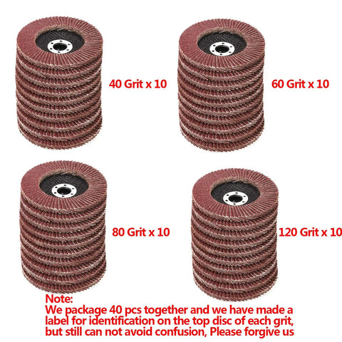 Assorted 4.5 Inch Flap Disc Set With 40 Pieces Grits 40 60 80 120 Aluminum Oxide Abrasives Pro Grade 7 8 Inch Arbor