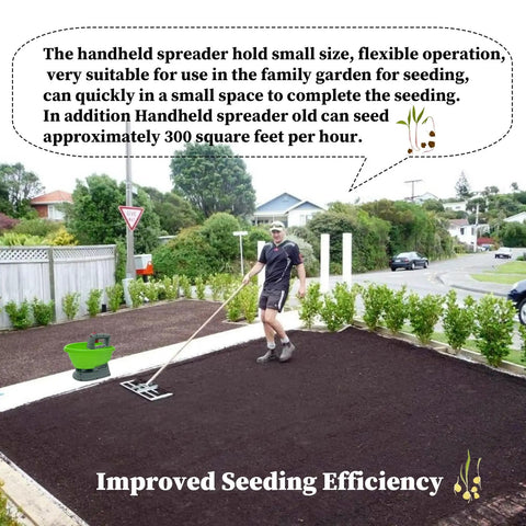 Person using electric handheld spreader for seeds and fertilizer with Type C charging on a small garden plot.