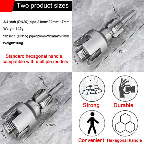 2Pcs Dual-Function Pipe Threading Tool Set For 1/2 And 3/4 Inch Pvc Plastic Pipes Electric Drill Compatible showing sizes and hexagonal handle.