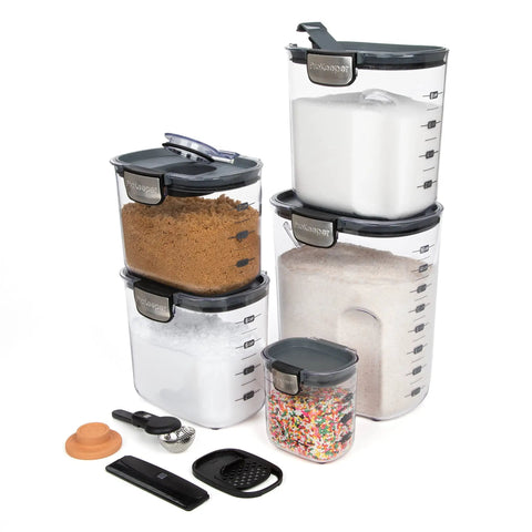 Clear Plastic Airtight Food Storage Canister Set For Flour And Sugar With Magnetic Accessories, Easy Kitchen Organization, Grey 9 Piece