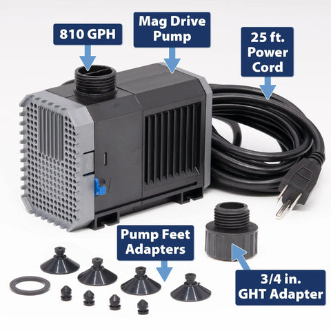 Tankless Water Heater Descale Kit With 2 Gallon Submersible Mag Drive Pump Pail Hoses And Non Toxic Descaler Powder showing mag drive pump with adapters and power cord