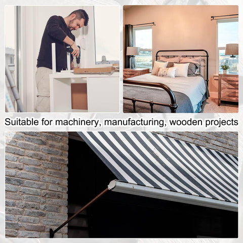 Collage of projects: man assembling furniture, a made bed, and an awning, showcasing 20 Pack M6 X 30mm Slotted Cylindrical Pin Dowel In 304 Stainless Steel External Thread Locating Dowel Parallel Pins For Metal Machinery And Woodworking Projects Workhorse Build Heavy Duty Silver Tone use.