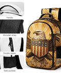Star Shield Eagle Relief Printed Unisex Backpack with detailed eagle design, showcasing handle, shoulder strap, zippers, and side pockets