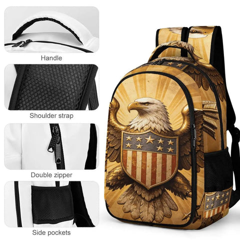 Star Shield Eagle Relief Printed Unisex Backpack with detailed eagle design, showcasing handle, shoulder strap, zippers, and side pockets