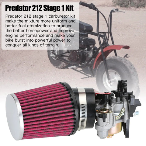 Predator 212 Stage 1 Carb Kit With 212 Exhaust Pipe for 224cc 196cc GX160 GX200 engines shown with mini bike and air filter