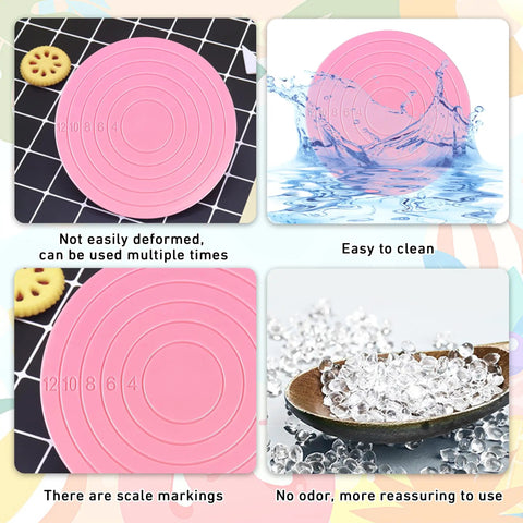 Premium Top Shelf 67 Piece Cookie Decorating Kit With Smooth Turntable Pro Brushes Scribe Needles Non Slip Pads Fresh Piping Bags For Totally Sick Cake Artists, pink silicone pad with scale markings and water splash.
