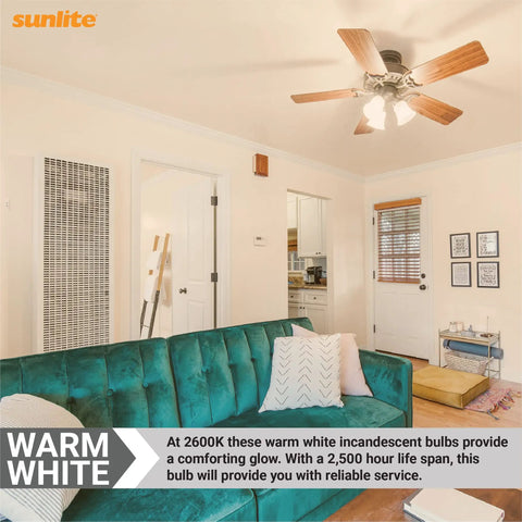 Living room with Incandescent A15 Appliance Bulb Pack, 15W, 70LM, E26 Medium Base, Fully Dimmable, Mercury Free 2600K lighting
