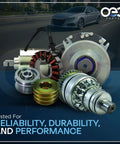 Front 10Si Alternator Bolt On Swap For Ford 8N 2N 9N 1939-1951 Heavy Duty 12V 63A Generator Swap With Internal Reg And Ext Fan V1 Pulley parts displayed with a car in background.