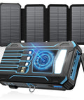 Outdoor Power Bank With 48000mAh Solar Charger Wireless Portable Battery Pack with 4 solar panels and built-in cables, view of design features.